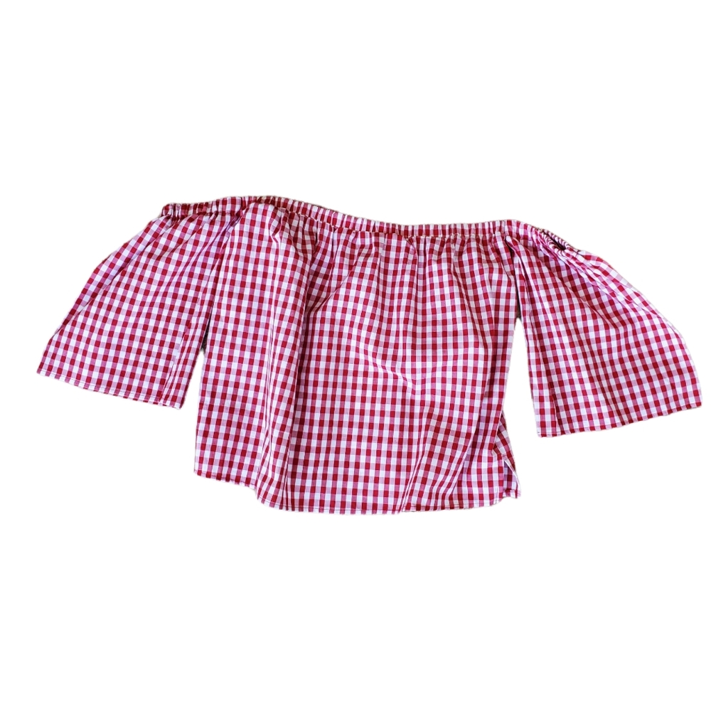 New Elan Red White Gingham Off the Shoulder Elastic Band Crop Top